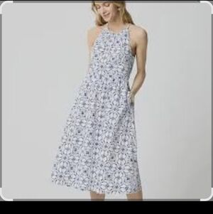 J. Crew White and Blue Patterned Midi Dress